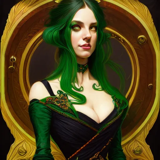 Image similar to aristocrat, green black orange color palette, female, d & d, fantasy, intricate, elegant, highly detailed, long green hair, digital painting, artstation, octane render, concept art, matte, sharp focus, illustration, hearthstone, art by artgerm, alphonse mucha johannes voss