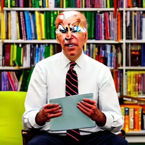 Prompt: joe biden struggling to read the hungry caterpillar children ’ s book