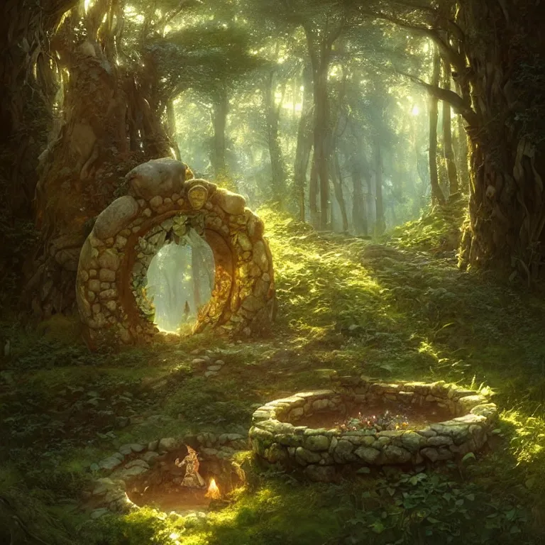 Prompt: Fantasy Magical fairy-tale stone portal in the forest. Round stone portal teleport in trees to other worlds. Fantastic landscape. Magic Altar in the fores, highly detailed, digital painting, artstation, concept art, smooth, sharp focus, illustration, art by greg rutkowski and alphonse mucha