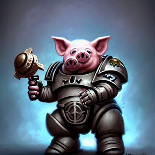 Image similar to cute little anthropomorphic Pig Space Marine, tiny, small, short, Space marine, cute and adorable, pretty, beautiful, DnD character art portrait, matte fantasy painting, DeviantArt Artstation, by Jason Felix by Steve Argyle by Tyler Jacobson by Peter Mohrbacher, cinema