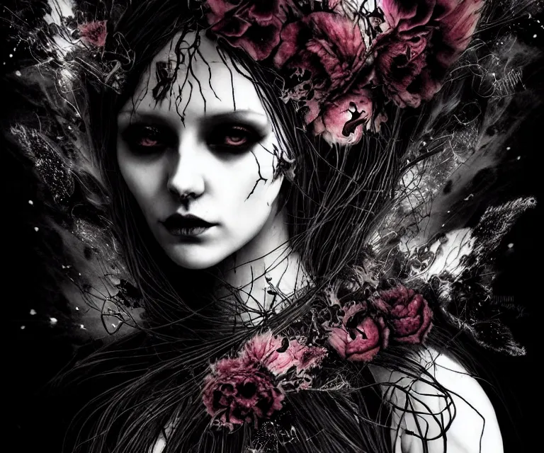 Image similar to stunning otherworldly gothic goddess of freewill, dark and mysterious, atmospheric, ominous, eerie, cinematic, epic, 8 k, ultra detail, ultra realistic | nights falling wind is blowwing snow is pilling concept art in style of carne griffiths artwork by xsullo. | backround of beautiful floweres floatingby elson, peter kemp, peter