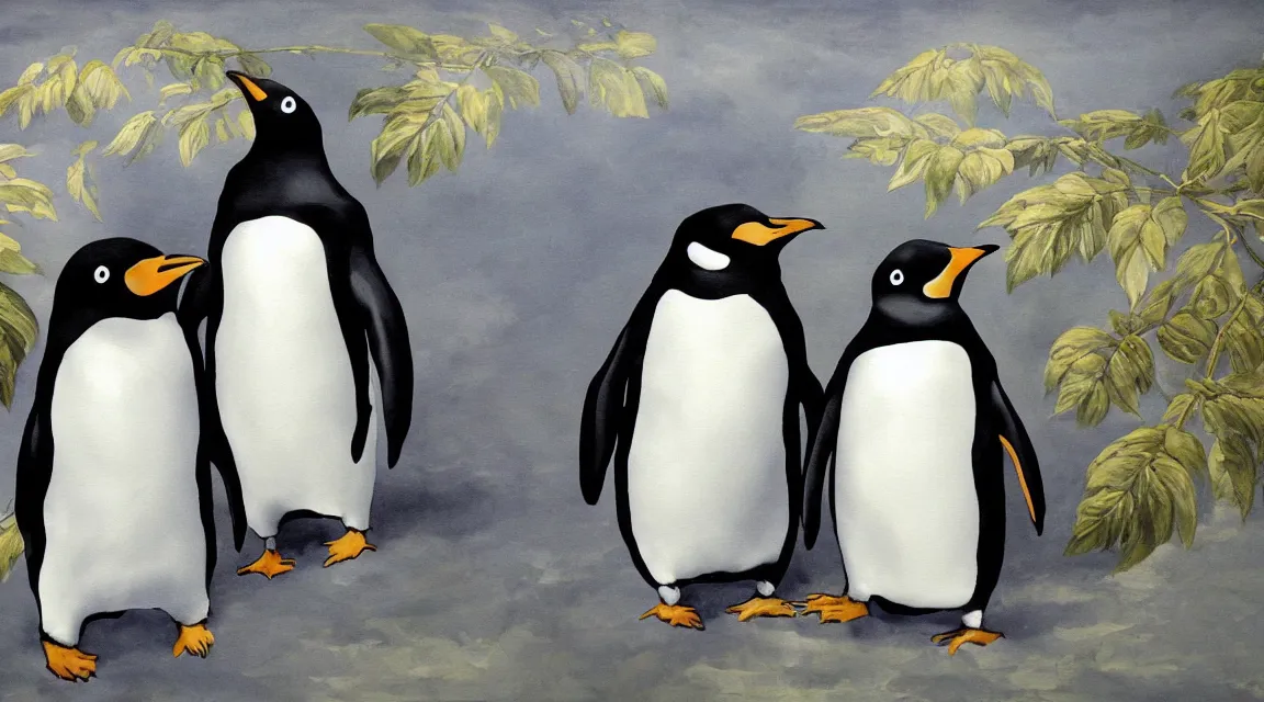 Prompt: Linux Tux penguin wallpaper painted by Rubens
