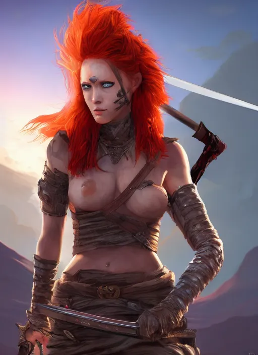 Prompt: Redhead female fighter with katana in desert, fantasy, medieval, vivid colors, fantasy, elegant, concept art, sharp focus, beautiful face, digital art, Hyper-realistic, 4K, Unreal Engine, Highly Detailed, HD, Dramatic Lighting by Brom, trending on Artstation