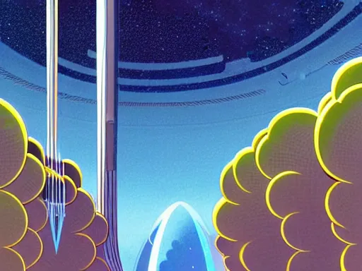 Image similar to a scifi illustration, hyper detailed external view of a space elevator. cinematic wide angle composition. flat colors, limited palette in FANTASTIC PLANET La planète sauvage animation by René Laloux