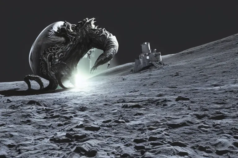 Image similar to giant cthulhu, photorealistic, long shot, epic, space from the moon showing earth in the background, moon lander