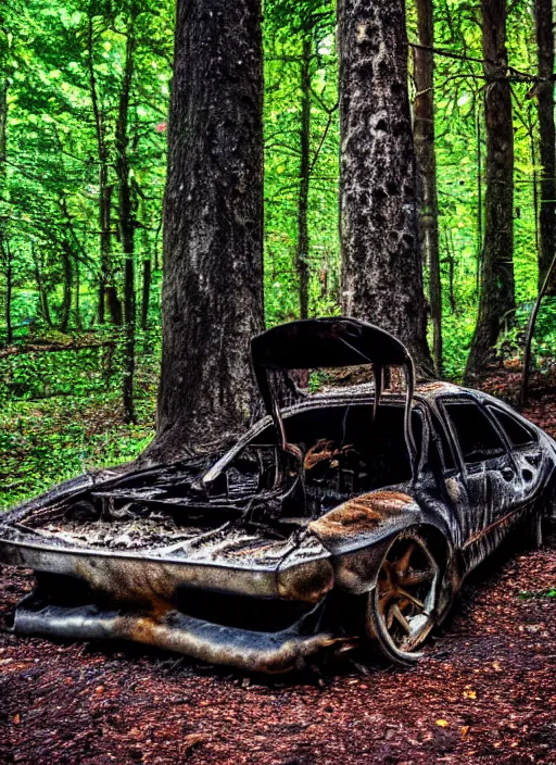 Prompt: burned car in a beautiful enchanted forest full of vibrant life, ray casting, light rays, award winning photo