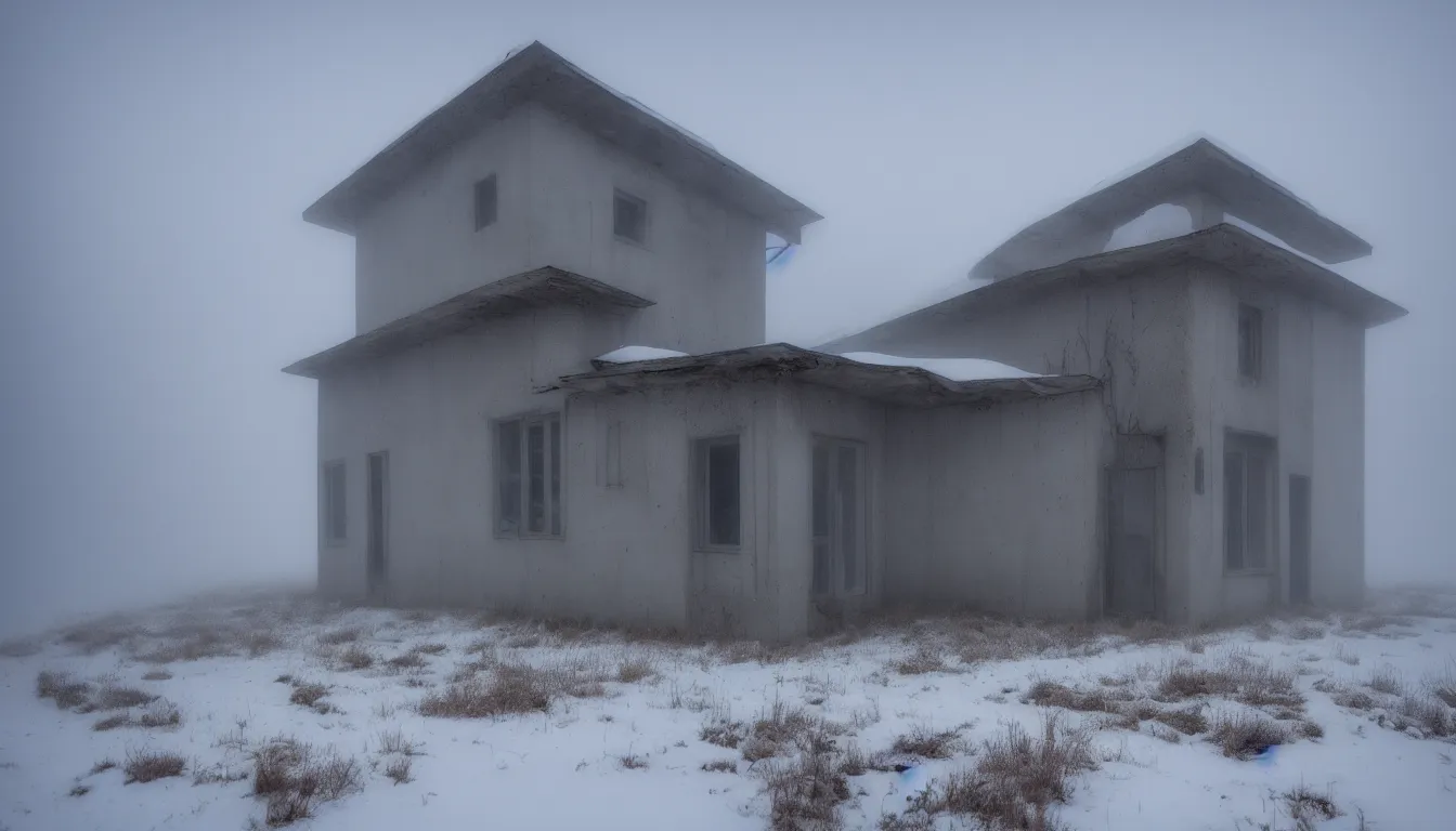 Image similar to russian style concrete house, abandoned, lifeless, winter, foggy blizzard, atmospheric, mystical, very detailed 4 k