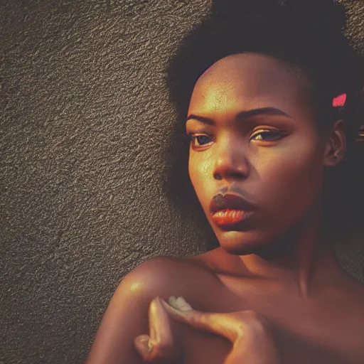 Image similar to portrait face of a beautiful gorgeous black edgy model girl with short hair, bikini, she's sad, sunset, street of africa, 8 0 mm lens, 1. 2 aperture, grainy image, close up, cinematic light, 8 k, 4 k, flair, neon lights, very detailed, depressing atmosphere, cover magazine