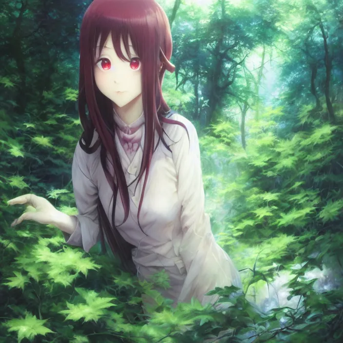 Image similar to Nishimiya Shouko, Albedo from Overlord, Mayer Re-l, Japan Lush Forest, official anime key media, close up of Iwakura Lain, LSD Dream Emulator, paranoiascape ps1, official anime key media, painting by Vladimir Volegov, beksinski and dan mumford, giygas, technological rings, johfra bosschart, Leviathan awakening from Japan in a Radially Symmetric Alien Megastructure turbulent bismuth glitchart, Atmospheric Cinematic Environmental & Architectural Design Concept Art by Tom Bagshaw Jana Schirmer Jared Exposure to Cyannic Energy, Darksouls Concept art by Finnian Macmanus