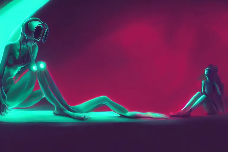 Image similar to a cute alien girl sitting on a cloud relaxing, misty, glows, digital painting, hazy, foggy, red lighting, ambient lighting, 8 k, neon, synthwave, cyberpunk,