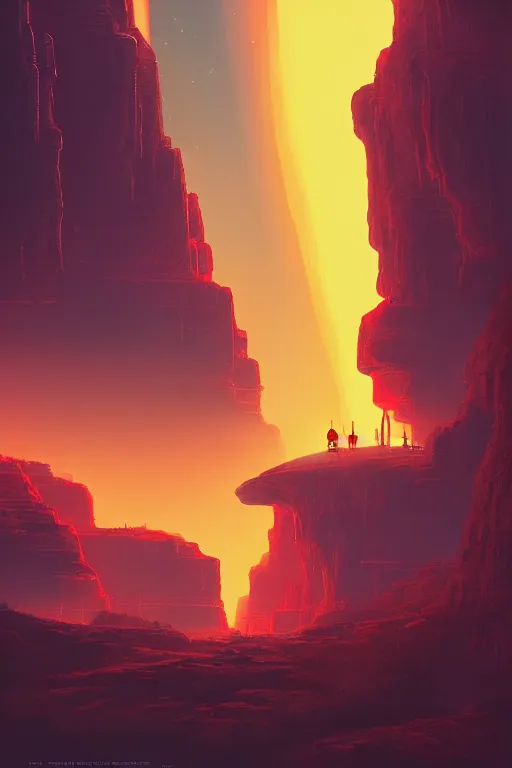 Image similar to futuristic temples glowing red in canyon, monks, light streaks in the sky, floating planets, dramatic lighting, artstation, matte painting, ralph mcquarrie, simon stalenhag