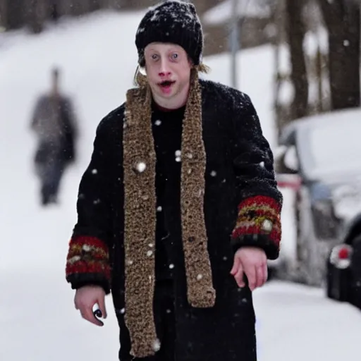 Prompt: macaulay culkin as a miserable shoe in winter