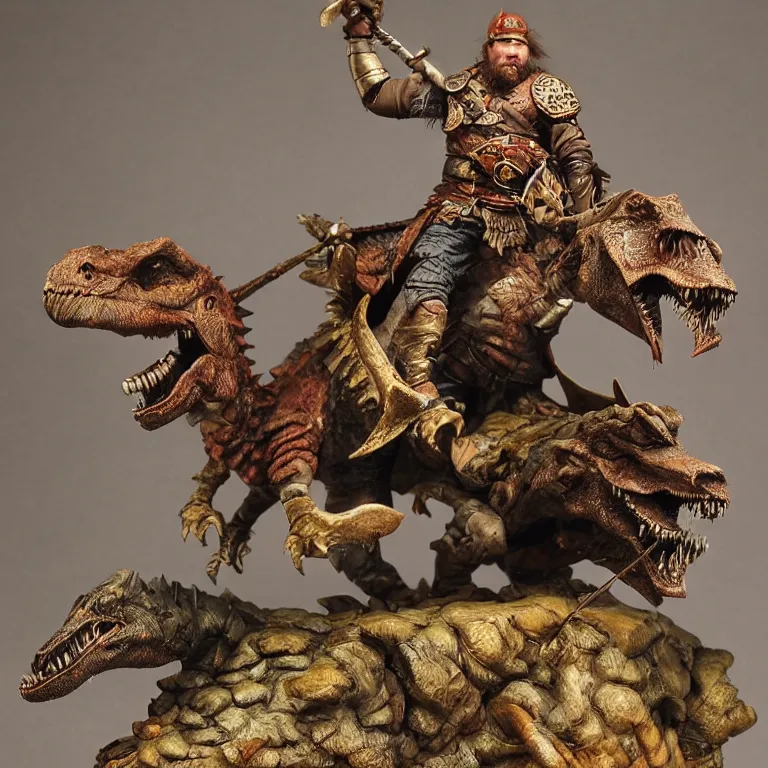 Prompt: diorama of a viking berserker riding a dinosaur, highly detailed, award winning mini painting, studio lighting