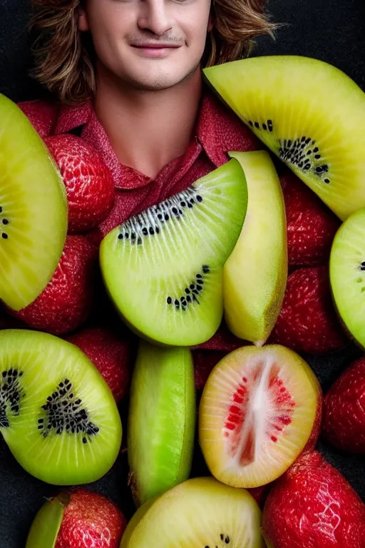 Image similar to 📷 joe keery is kiwi fruit 🥝, made of food, head portrait, dynamic lighting, 4 k