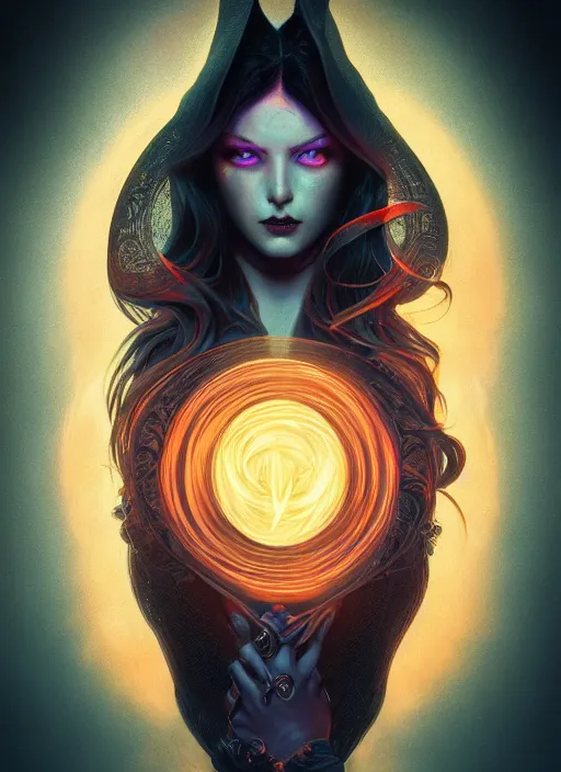 Image similar to book cover, front portrait, dark witch with black hood and evil eyes, realism, soft, smooth, luminescent, art nouveau tarot, backlit glow, colorful swirly ripples, gaudy colors, aesthetic octane render, unreal engine, 8 k, by artgerm, greg rutkowski, alphonse mucha