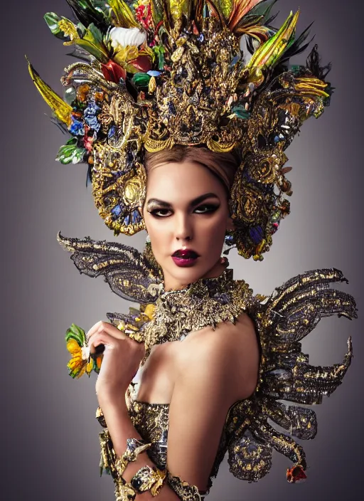 Image similar to full body environmental portrait photo of a miss universe in creative costume, ornate headpiece made from flowers, ornaments, glamour shot by lindsay adler and stefan gesell, photorealistic, canon r 3, fashion photography, hyper maximalist, sharp focus, ornate, elegant, luxury and elite, symmetrical features, octane render, unreal engine, solid dark grey background, dramatic lights