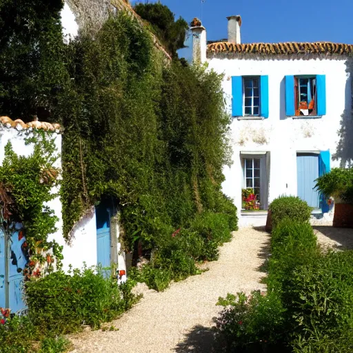 Prompt: ile de re house with a garden, two stores, white walls, orange roof