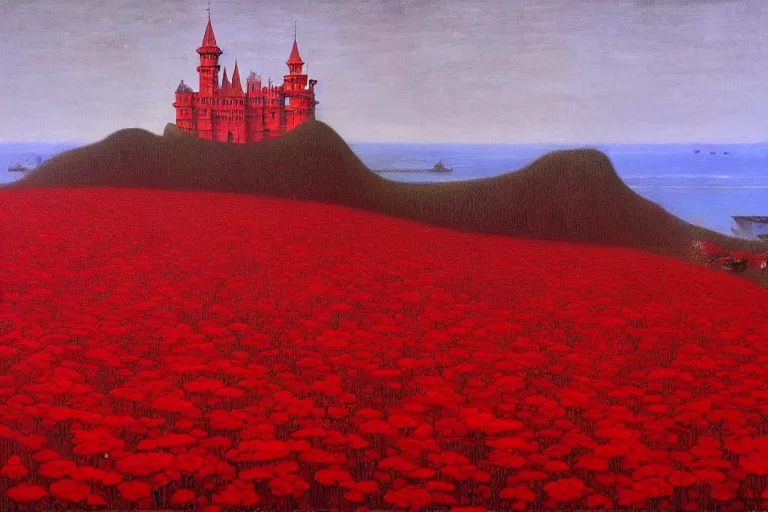 Prompt: only with red, red flowers of different types, red castle in background, red medieval big goblins, in the style of beksinski, parts by edward hopper, parts by rodcenko, parts by yue minjun, intricate and epic composition, red by caravaggio, insanely quality, highly detailed, masterpiece, red light, artstation, 4 k