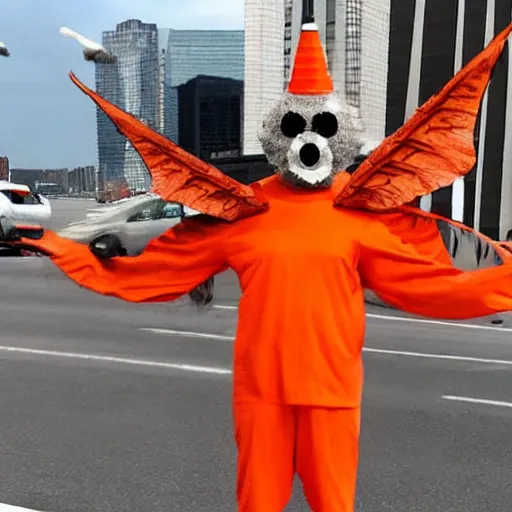 Image similar to ripped physique winged man Norm MacDonald disguised as a mothra whilst wearing a traffic cone hat bilquis evely