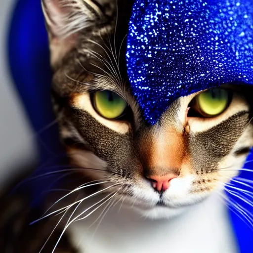 Image similar to a high - quality photo of a stylish cat wearing a sequined designer cloak, hyperrealistic, textured, animal portrait, dark ( ( royal blue ) ), bokeh, f 2. 8