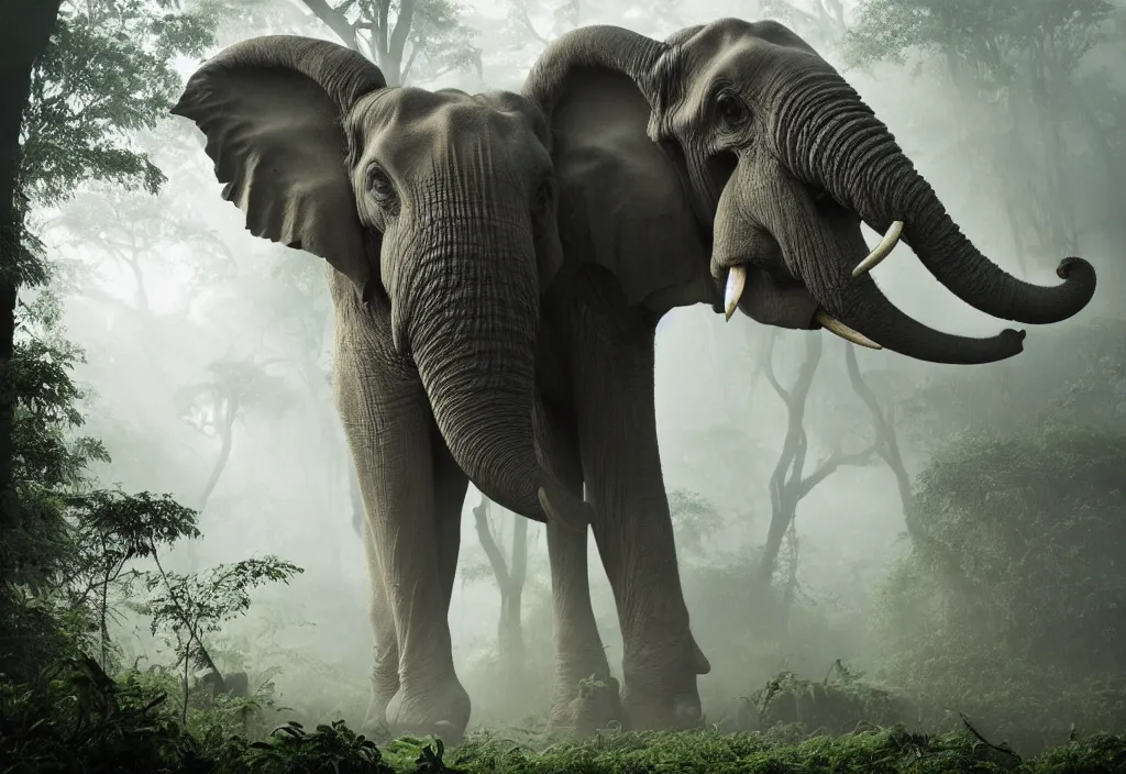 Image similar to an enormous alien elephant king, in a jungle with ominous light from above, ambient light, fog, river, very poetic