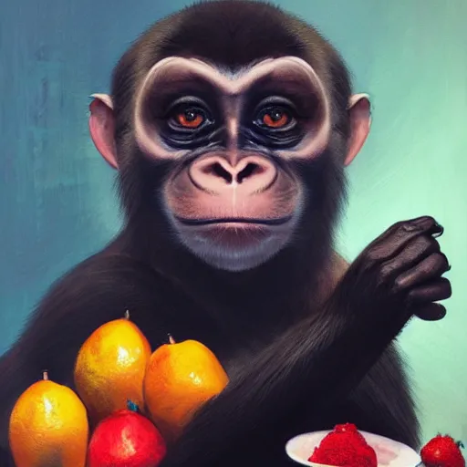 Image similar to a beautiful painting of a happy monkey with a plate full of fruits on top of its head, 4 k, detailed, artstation, 4 k, by greg rutkowski,