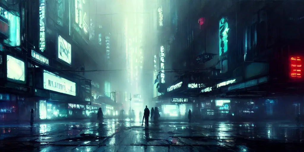 Prompt: beautiful painting by jeremy mann, cyberpunk street, neon signs, still from blade runner movie, desaturated, oil painting, perfect composition, detailed octane render trending on artstation, misty, ominous, unsettling, 8 k artistic photography, volumetric cinematic perfect light, wlop, artgerm, greg rutkowski