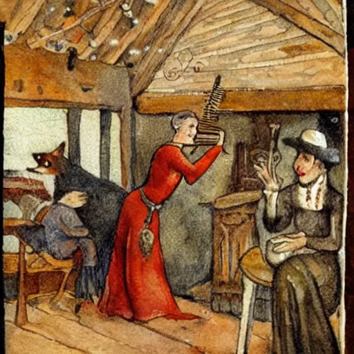 Prompt: a humanoid fox playing harp in a medieval tavern, reassuring atmosphere, soft and colored, some people in the background are drinking, some smoke around, wooden chalet, tables, watercolor painting of the 1 9 0 0 s