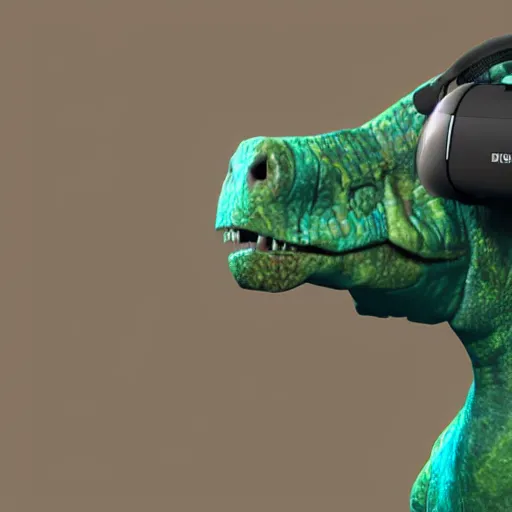 Image similar to Low quality Photograph of a Dinosaur wearing a VR headset