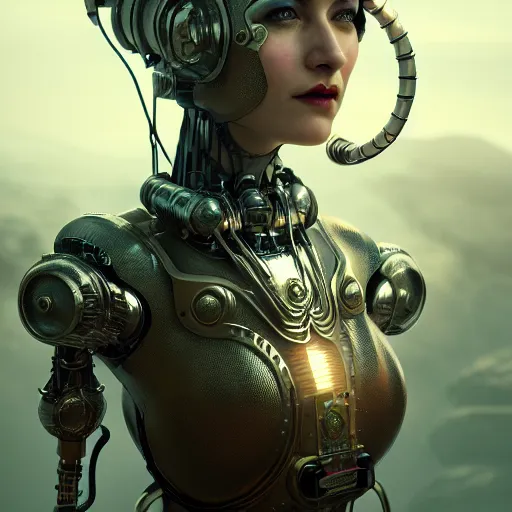 Image similar to dieselpunk robotic elvish empress, extremely detailed, hyperrealistic, intricate, soft light, fantasy, d & d, digital painting, art station, by wlop, octane render, unreal engine, 4 k