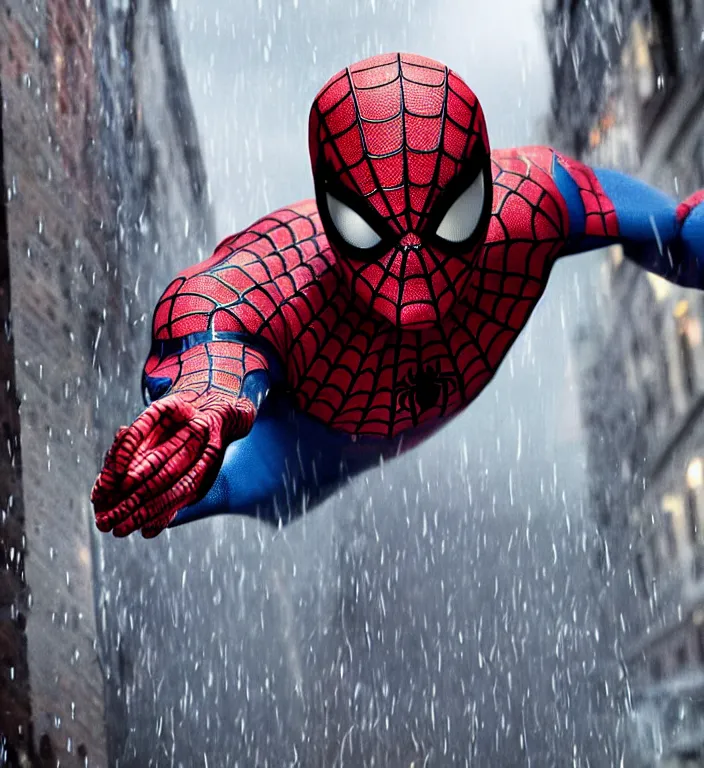 Prompt: tobey maguire as spiderman, dramatic rain, 8 k