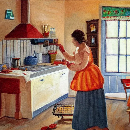 Prompt: a homey cozy painting of a mother baking in her kitchen