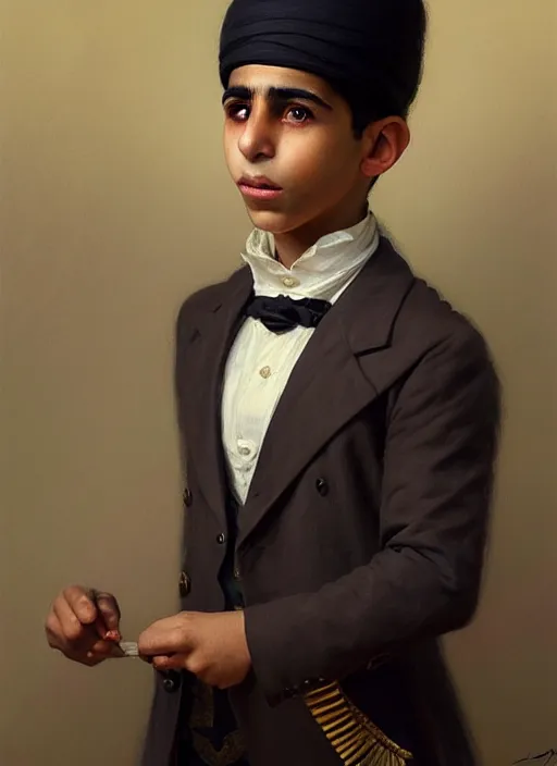 Image similar to a portrait of an egyptian boy with a crooked nose in victorian clothing, confident pose, intricate, elegant, sharp focus, illustration, highly detailed, concept art, matte, trending on artstation, anime, art by james jean and artgerm and brian despain and alberto mielgo, greg rutkowski, wlop, ilya kuvshinov, strong strokes