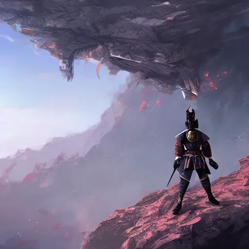 Image similar to a futuristic samurai warrior standing edge of the cliff, sun in the background, epic concept art, bold, sharp, beautiful, trending on artstation