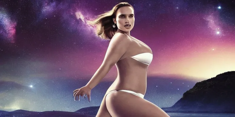 Prompt: film still of curvy natalie portman, focus on facial - detail!!!!!!, walking on an invisible bridge, similar to the bifrost, toward an endless abyss in space, wearing a white flowy bikini inspired by ancient roman clothing, beautiful astronomical background with galaxies and nebulas, lack of sunlight, 8 k resolution, cinematic lighting, anatomically correct, by christopher nolan