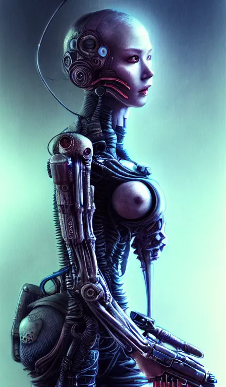 Prompt: a highly detailed long shot photo of cyberpunk female character by ayami kojima, elf, beksinski, giger, elf, rifle, intricate, digital painting, artstation, concept art, smooth, sharp focus, full body shot