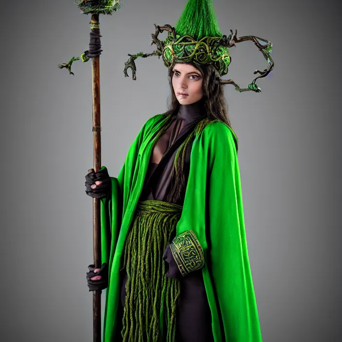 Image similar to photograph of a real-life beautiful earth witch with ornate green robes and staff. Extremely detailed. 8k