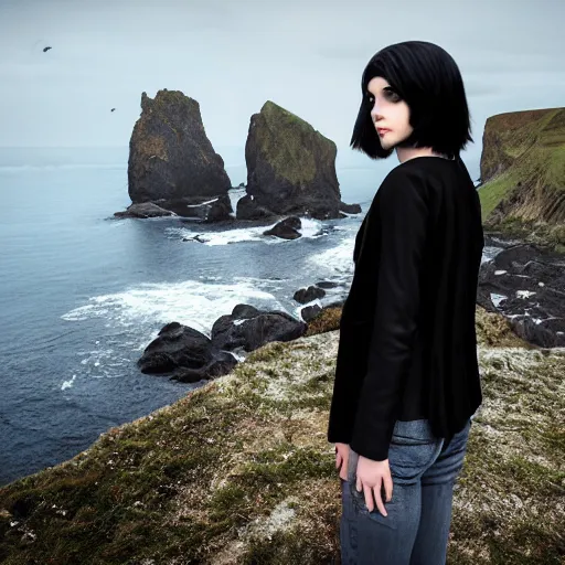 Image similar to 1 7 - year - old pale - skinned persian girl with black long bob cut, black gothic jacket, blue jeans, psychic girl, psychokinetic girl, standing on cliff along the irish coast, overcast gray skies, ultra - realistic, sharp details, subsurface scattering, intricate details, cold lighting, highly detailed, photorealistic, octane render, art by artgerm