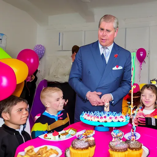 Prompt: prince andrew looking nervous at a children's birthday party, cake, balloons, wide angle, 14mm