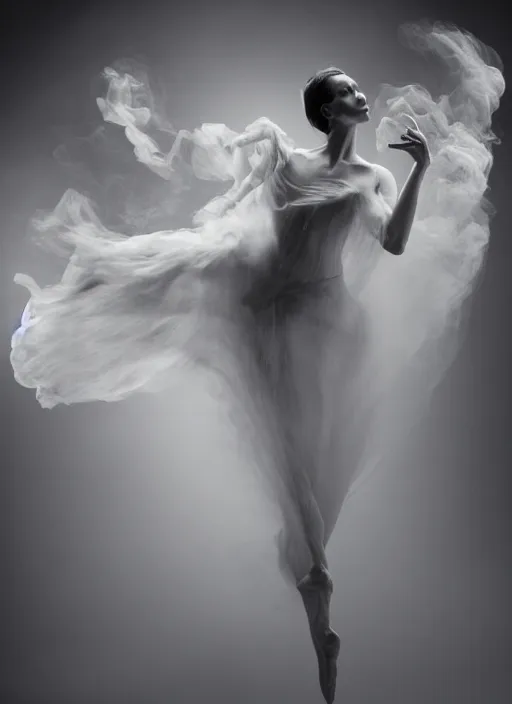 Image similar to a Photorealistic dramatic hyperrealistic render of a beautiful Female smoke dancer by Ken Brower and Deborah Ory of NYC Dance project,Lois Greenfield,Flowing cloth and smoke,Beautiful dynamic dramatic dark moody lighting,volumetric,shadows,cinematic atmosphere,Octane render,8K