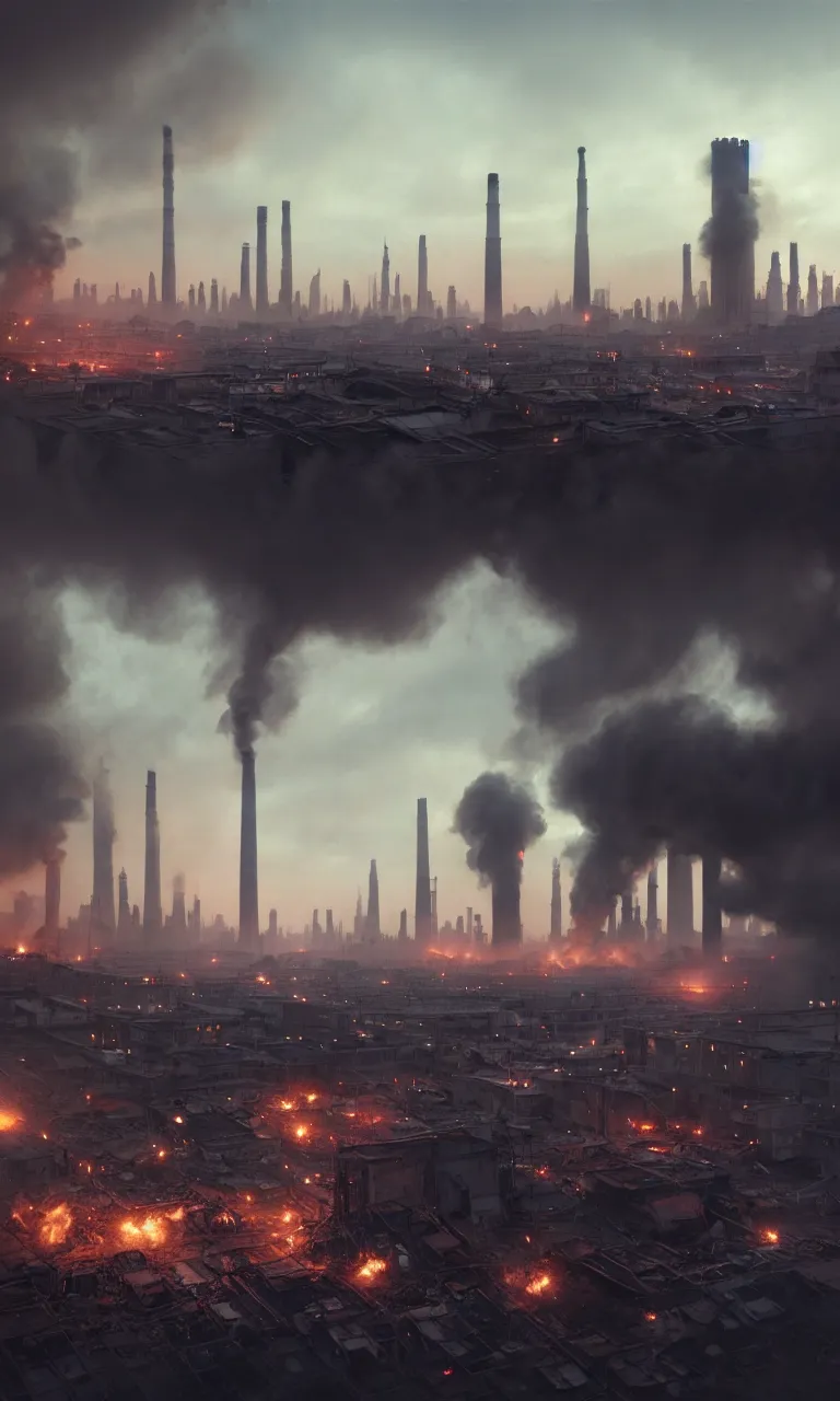 Prompt: low angle shot of dirty polluted derelict destroyed city with smoke stacks in the distance by Andrei Riabovitchev and Craig Mullins, 8k, hyperrealism, hyper realistic, highly detailed, octane render, award winning photography, artstation, cgsociety, concept art, conceptartworld, volumetric lighting, cinematic lighting, cinematic composition