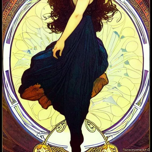 Image similar to natalie portman portrait by louis - theophile hingre and alphonse mucha, realistic, sharp focus, zodiac signs, tarot cards, planets, ethereal, art nouveau, magic, moon, sun, crown, dreamy, royal, jewellery