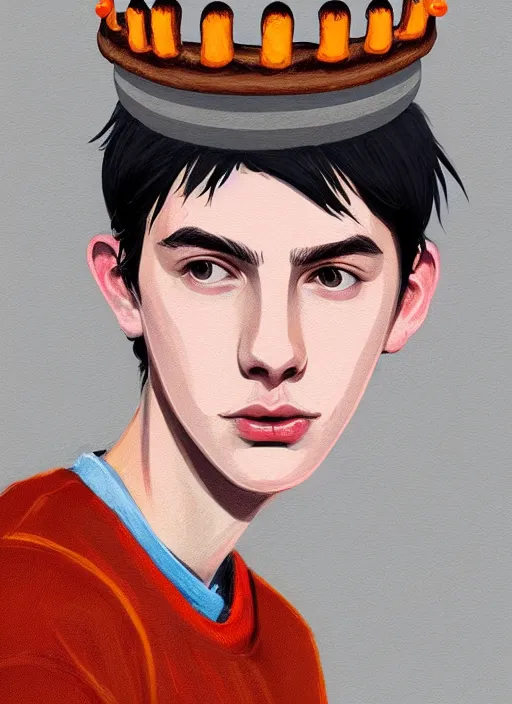 Image similar to portrait of teenage jughead jones wearing a light grey crown, symmetrical crown, sweater with picture of hamburger, eyes closed, crown, black hair, orange, intricate, elegant, glowing lights, warm lighting, highly detailed, digital painting, artstation, concept art, smooth, sharp focus, illustration, art by wlop, mars ravelo and greg rutkowski