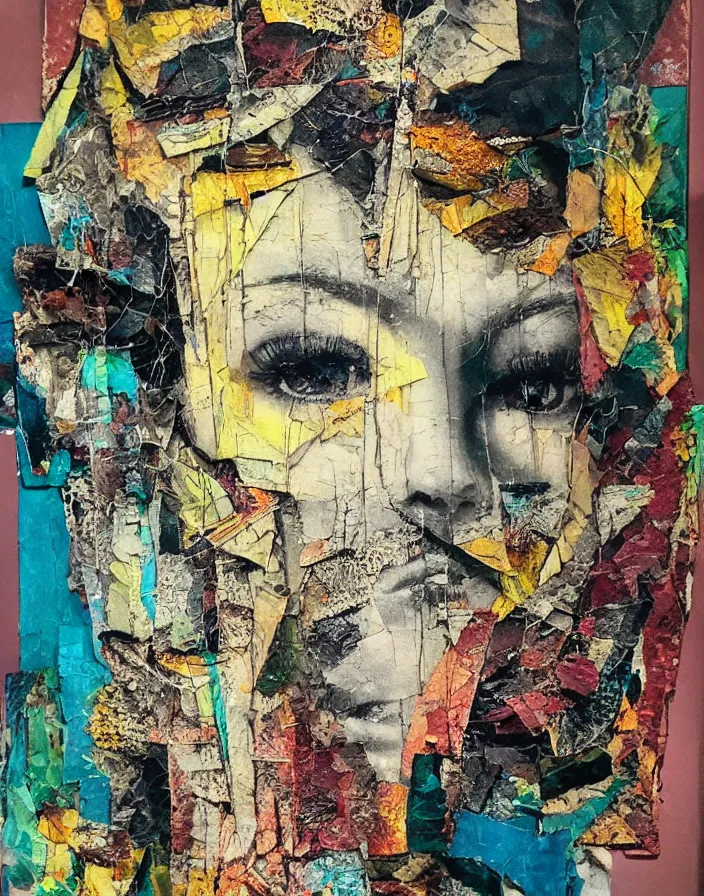 Prompt: vivid calm decadent symmetry detailed analogue mixed media collage with canvas texture in style of contemporary art, punk art, hyperrealistic beautiful face, photorealistic, expressionism, masterpiece, perfect composition, spectacular quality torn paper, intricate oil details, broken glass