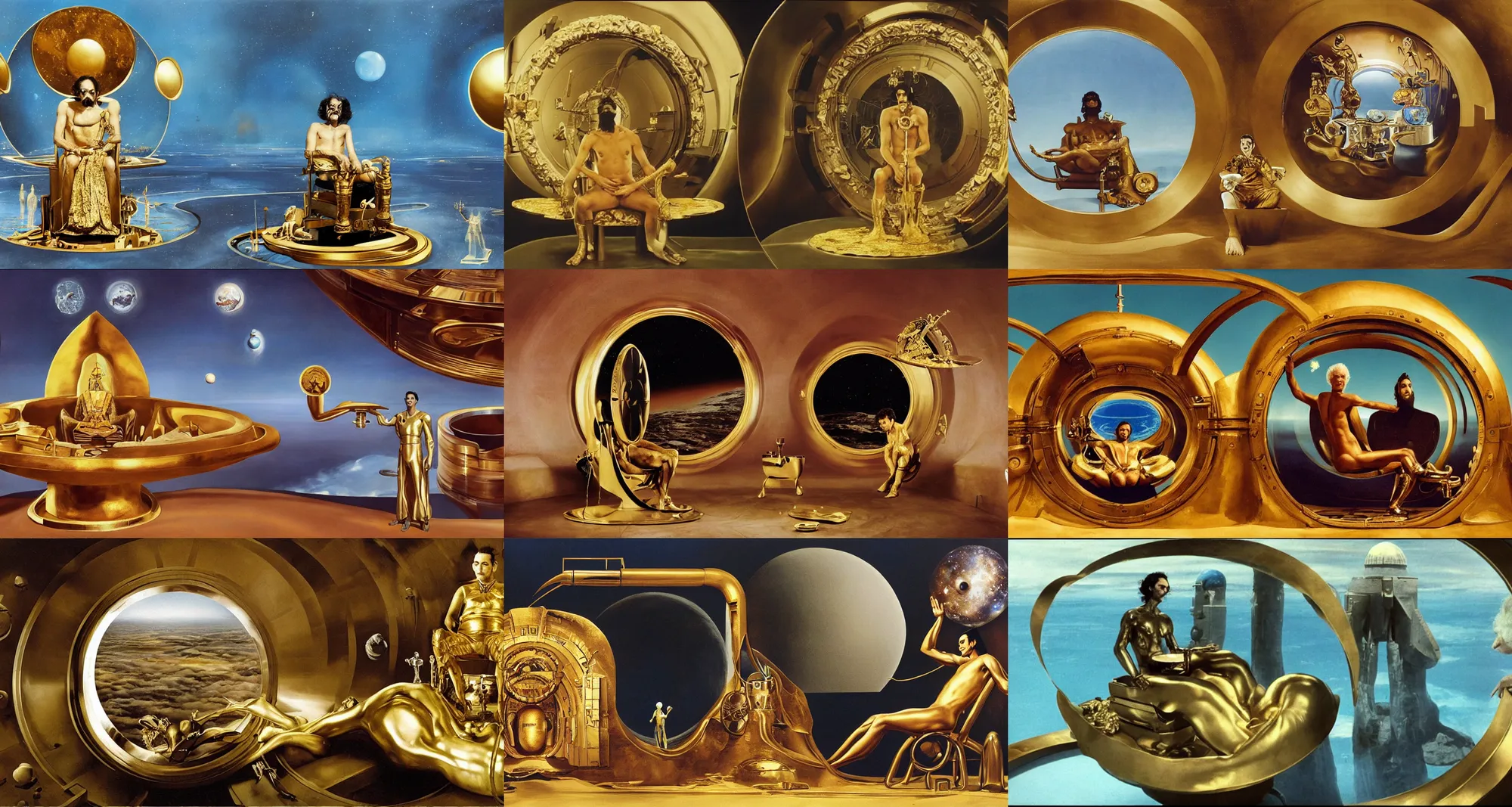 Prompt: background : a huge circle porthole in which space is visible, planet arrakis, spaceships | foreground : salvador dali sits on gold toilet with many gold pipes | from the movie by alejandro jodorowsky with cinematogrophy of christopher doyle and art direction by hans giger, anamorphic lens, kodakchrome, 8 k