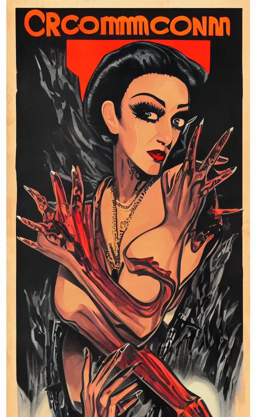 Prompt: 8 k cursed with necronomicon horrorcore cel animation poster depicting dominican woman with sharp nails, intricate faces, metropolis, 1 9 5 0 s movie poster, post - processing, vector art