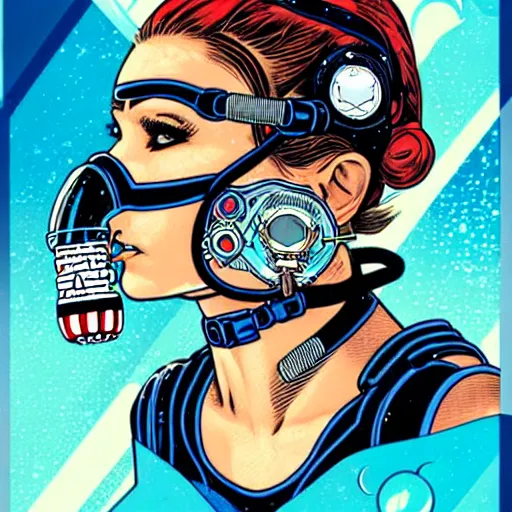 Image similar to a tarot card design of a female diver with a oxygen mask intricate detailed mask with front profile by MARVEL comics and Sandra Chevrier