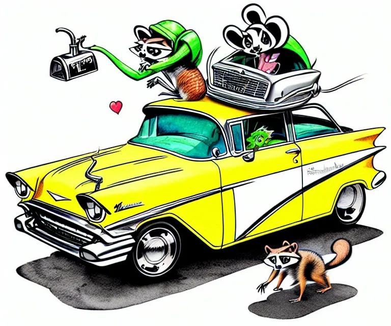 Image similar to cute and funny, racoon wearing a helmet riding in a tiny 1 9 5 7 chevy coupe, ratfink style by ed roth, centered award winning watercolor pen illustration, isometric illustration by chihiro iwasaki, edited by range murata