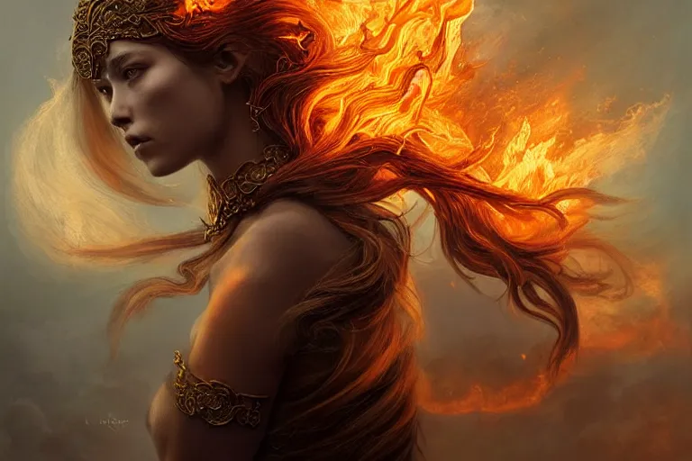 Image similar to Majestic painting of a beautiful young female fire goddess!!, intricate, epic, elegant, menacing, fantasy, highly detailed, digital painting, hard focus, beautiful volumetric lighting, epic light, ultra detailed, souls, smoke, by Leesha Hannigan, Ross Tran, Thierry Doizon, Kai Carpenter, Ignacio Fernández Ríos