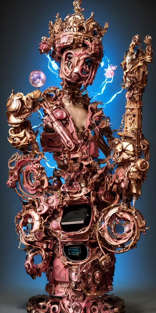 Image similar to full-body baroque and cyberpunk style sculpture of a young seductive Hispanic prince half android with a chest exposing a glowing gemstone battery and a CRT monitor face, glowing pink seductive laser eyes, crown of blue gears and diamonds, swirling salmon-colored silk fabric, robotic raptors dinosaurs. baroque elements. full-length view. intricate artwork by caravaggio. art by Artgerm and Greg Rutkowski and Alphonse Mucha and Tooth Wu and Beeple, Trending on artstation, cinematic industrial lighting, hyper realism, octane render, 8k, depth of field, 3D